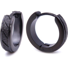 Stainless Steel Mens Hoop Earrings Stripe Bevel Edge Black Gold Color 16mm