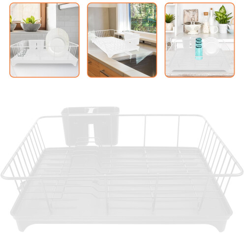 White PP and Metal Dish Drying Rack with Cutlery Organizer