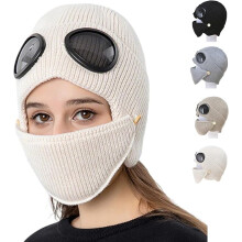 3-in-1 Unisex Knitted Goggles Beanie, Beanie with Goggles, with Face Mask & Ear Cover(d)
