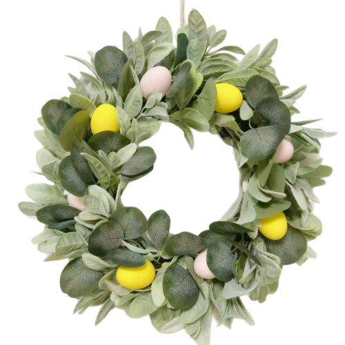 Yellow Lemon Wreath with Lamb Ears Leaves 40cm