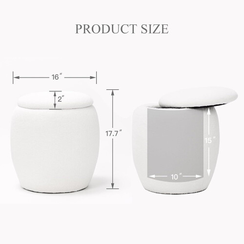 Boucle Ottoman with Hidden Storage 16 Inch Round Ivory 1