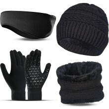 Ski Winter Hat Scarf Gloves Set for Men, Knit Beanie Hat Warmer Scarf Touch Screen Gloves and Ear Warmer