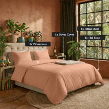 (Peach, Double) 4 Piece Duvet Covers Bedding Set Fitted Bed Sheets