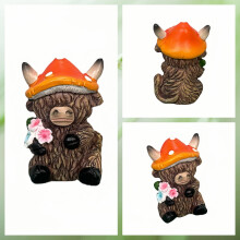 Highland Cow Figurine with Mushroom Hat & Welcome Sign