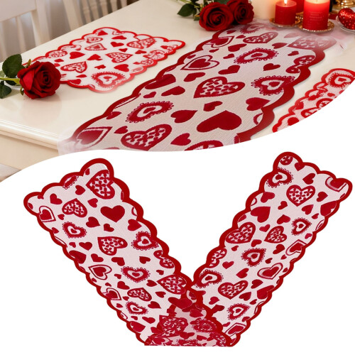 Heart-Shaped Red Table Runner with Matching Placemats