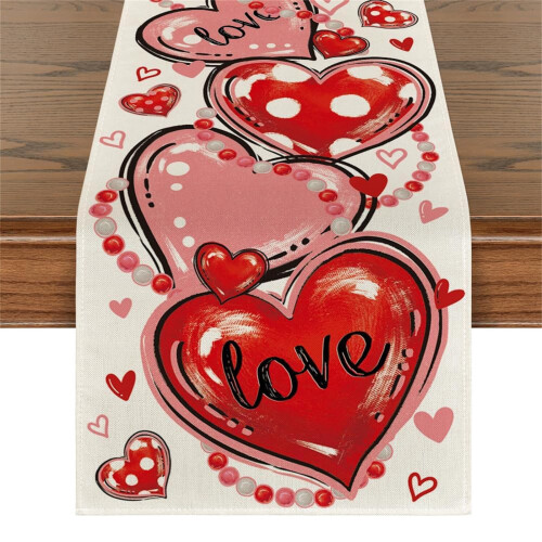 Linen Table Runner with Red Hearts – 33 x 183 cm 1