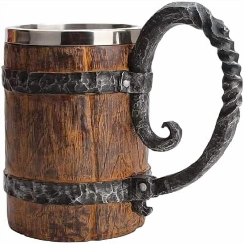 Vikingastil Träfat Ölmugg Dubbelväggig Rostfri