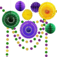 Mardi Gras Decor Kit: Gold Purple Green Fans, Pom Poms &