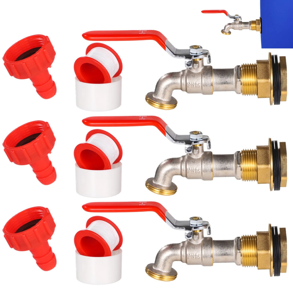 3 Sets Brass Rain Barrel Spigots W/ Bulkhead Fitting, Hose Fittings & Seal Tape Â Compatible With Rain Barrels & Water Troughs 9426043089993