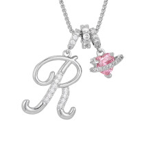 Pink heart diamond crystal initial pendant necklace A-Z 1