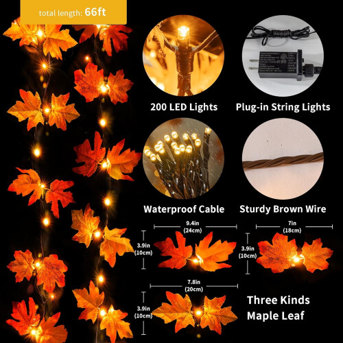 66ft Maple Leaf LED String Lights – 200 Warm Yellow Bulbs 1