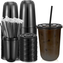 Zwarte PET-wegwerpbekers van 473 ml (16 oz) met deksels en rietjes – 50 stuks