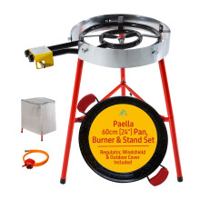 Camp&Fire 60cm Full Paella Set. Enamelled Steel Paella Pan with Windshield, Regulator, Gas Hose & Outdoor Cover, 20 Servings.
