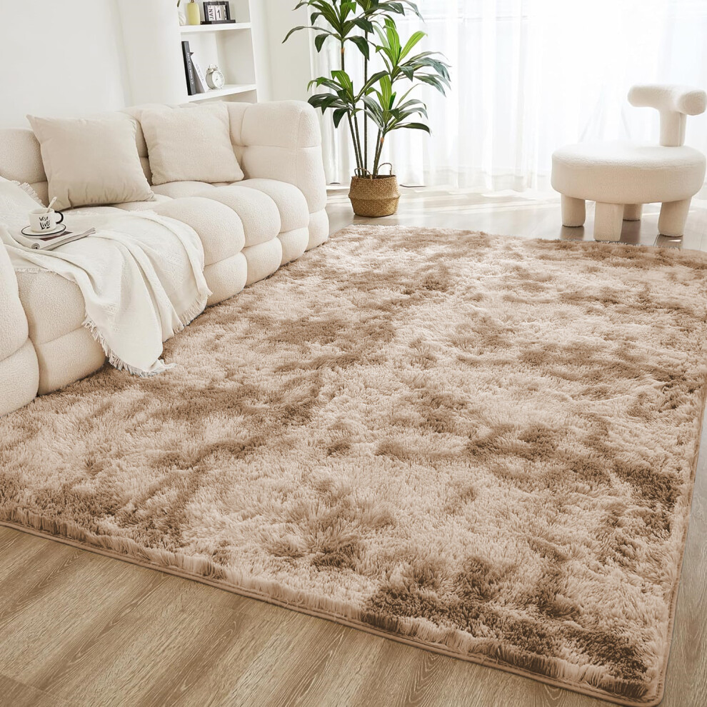 Imperial Rooms (Tie Dye Beige) Shaggy Rug 140X200cm (4.6Ftx6.6ft) Luxury Faux Fur Area Rug - Super Soft Durable Carpet Uk