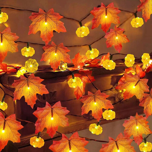 Pumpkin & Maple Leaf LED Garland Light - 10m Orange