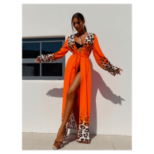 Leopard Print Robe Women Orange Sheer Longline Kimono