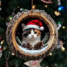 Weihnachtsschmuck mit dreifarbiger Katze und Weihnachtsmütze (2D-Acryl)