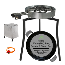 Camp&Fire Black Series Pro Paella Cooking Set. 50cm(14 Serving) Enamelled Steel Pan, Dual Gas Burner, Tripod, Windshield & Cover