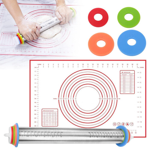 Stainless Steel Adjustable Rolling Pin with Thickness Rings