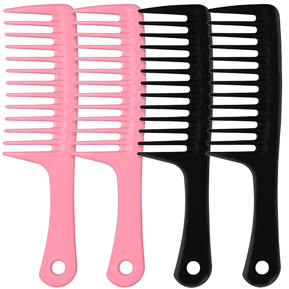 4PCS Wide Tooth Comb, Large Hair Detangling Comb Styling Comb for Curly, Wet, Long Hair with Handgrip (Black & Pink)