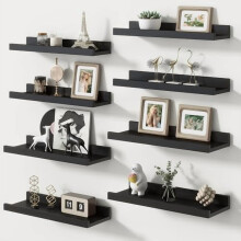 Picture Ledge Shelf Set of 8, 16" Floating Shelves for Nursery/Toys/Books/Photos, Wall-Mounted Black Decor