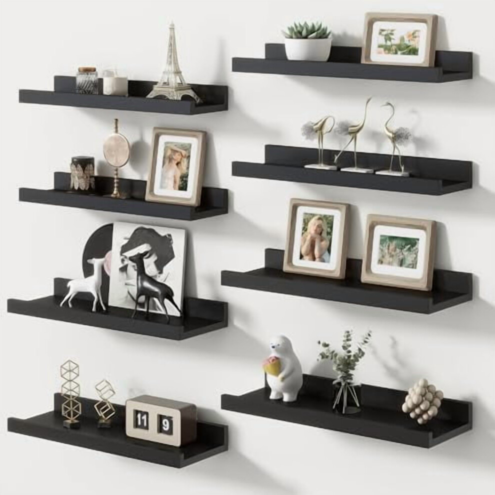 Picture Ledge Shelf Set Of 8, 16" Floating Shelves For Nursery/Toys/Books/Photos, Wall-Mounted Decor Black
