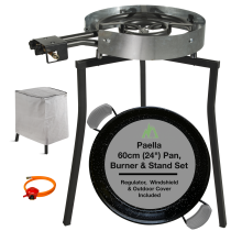 Camp&Fire Black Series Pro XL Paella Cooking Set. 60cm(20 Serving) Enamelled Steel Pan, Dual Gas Burner, Tripod, Windshield & Cover