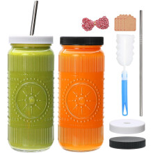 16oz Reusable Glass Juice Bottles with Lids and Straws –