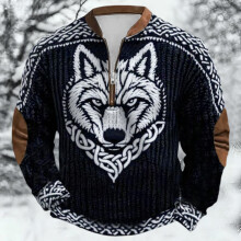 Pullover mit nordischer Mythologie und halbem Reißverschluss am Kragen