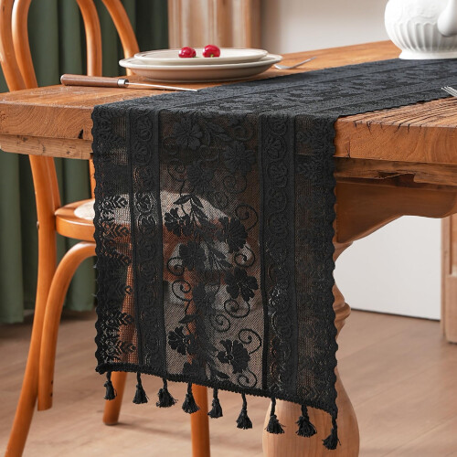 Black Lace Table Runner 35 x 180 cm with Tassels