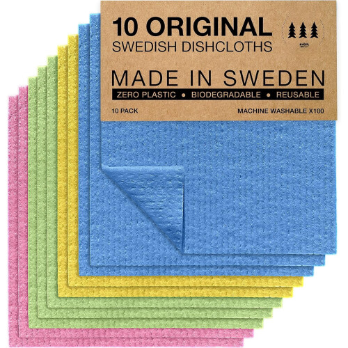 Strofinacci svedesi biodegradabili e lavabili, confezione da 10 pezzi, colore blu.