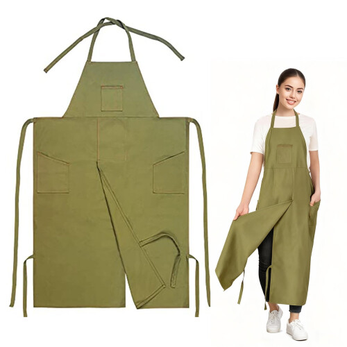 Green Polyester Canvas Split-Leg Apron with Pockets