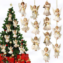 12 Vintage Angel Wooden Ornaments with Gold Accents