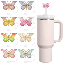 8PC Silicone Straw Covers, 10mm Bling Toppers for 30oz/40oz Cups, Reusable & Hygienic, Decorative Gift (Butterfly A, Multicolor)