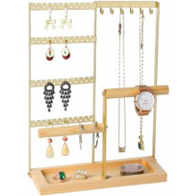 4-Tier Gold Jewelry Organizer Stand with Wood Tray