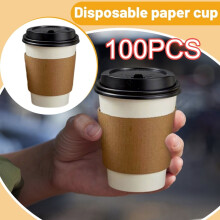 Vasos de café de papel desechables de 16 oz con tapas y fundas (100