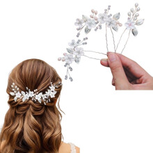 Horquillas para el cabello de novia con cristales, perlas y diseño floral (3 piezas)