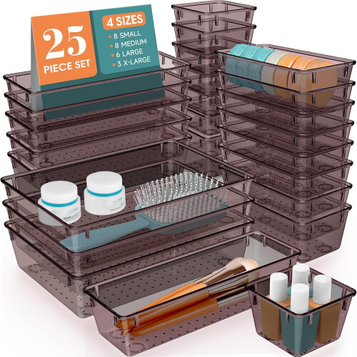 Set di 25 organizer per cassetti in plastica trasparente