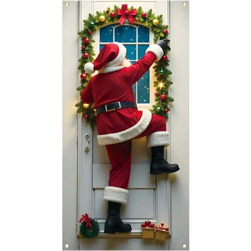Faixa de Natal para Porta com Papai Noel Escalando 71x35 polegadas