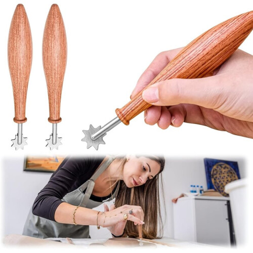 2PCS Wood Clay Pattern Roller Tool, Wooden Handle Pottery Tools with Stainless Steel Roller  and Rosewood Handle 1