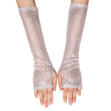 Glitzernde Damen-Netzhandschuhe, weiß, fingerlos, langärmelig