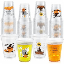 50 pcs 12oz Halloween plastic cups—clear pumpkin, bat & ghost designs; disposable beverage cups for Halloween parties, birthdays; compatible with