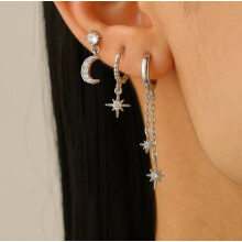 Star Moon Star of David tassel earrings set 3-piece zircon