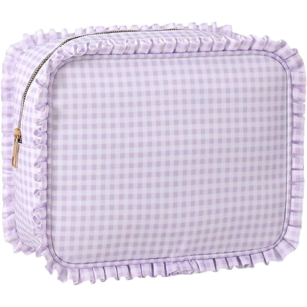 Purple Ruffle Cosmetic Case Makeup Bag With Zipper, Gingham,