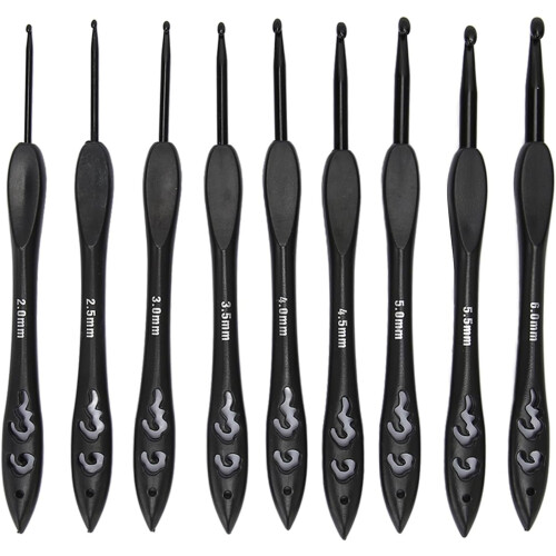 Sada 9 ergonomických háčků na háčkování, černá, 2,0–6,0 mm