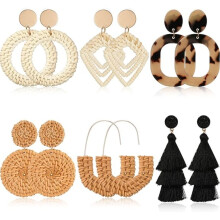 Raffia oorbellen in boho-stijl, 6 paar, hypoallergeen.