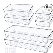 6 PCS Clear Acrylic Drawer Organizers, 15"x6", 3 Sizes, Stackable for Kitchen, Bathroom, Office & Cosmetics – Compatible with Standard Drawers