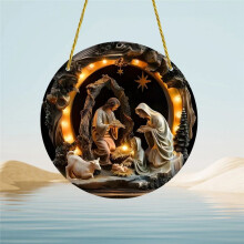 Placa de Madeira de Cena de Natal de Jesus 2D em Relevo Redondo Ornamento de Natal para Igreja