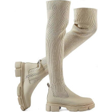 (38,Beige)Thigh High Knit Sock Boots Round Toe Mid Chunky Heel Stretch Over the Knee Boots for Women