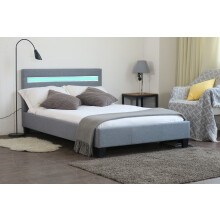 (4ft6 Double, With Kerri Mattress) Light Grey Fabric Modern Bed Frame With LED 3ft 4ft 4ft6 5ft
